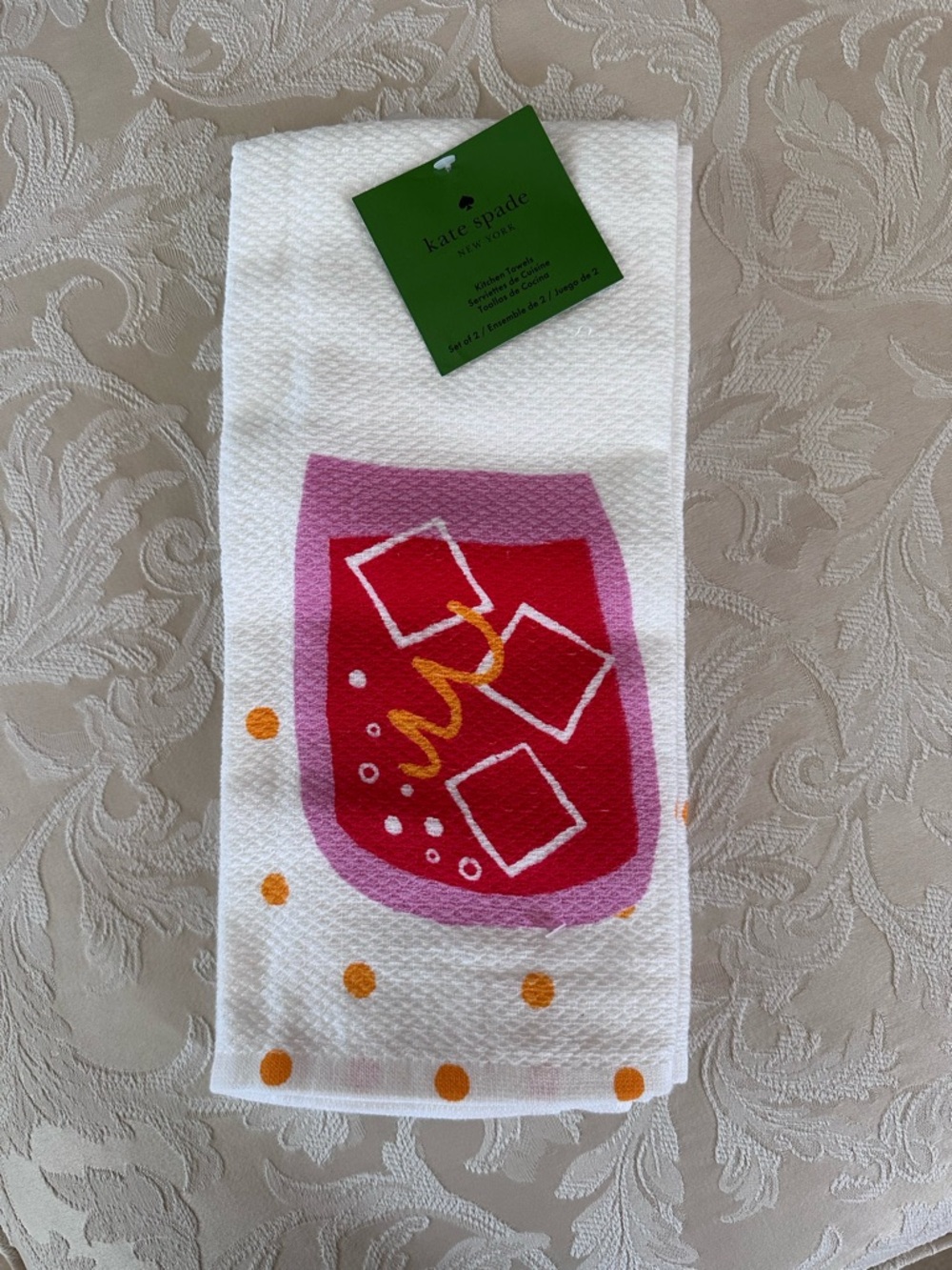 Kate Spade New York Kitchen Towel Set of 2 Pink Drink Cocktail NWT